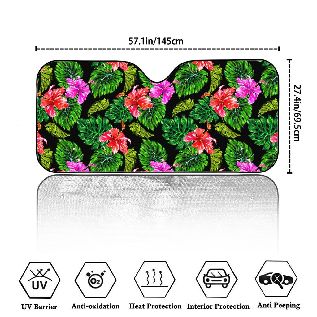Monstera Hibiscus Hawaii Pattern Print Car Windshield Sun Shade