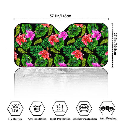 Monstera Hibiscus Hawaii Pattern Print Car Windshield Sun Shade