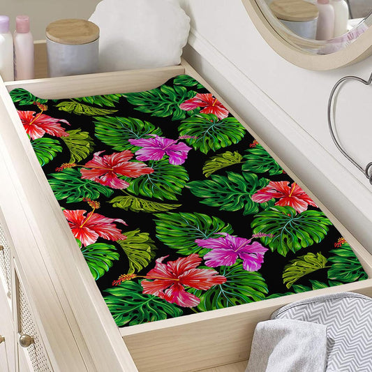 Monstera Hibiscus Hawaii Pattern Print Changing Pad Cover
