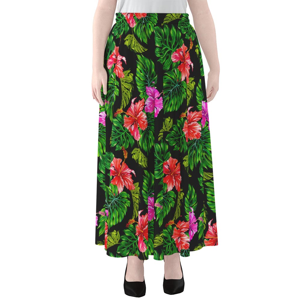 Monstera Hibiscus Hawaii Pattern Print Chiffon Maxi Skirt