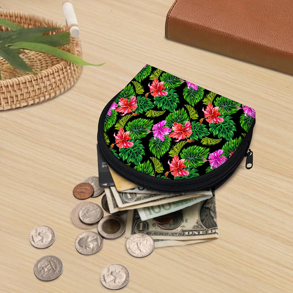 Monstera Hibiscus Hawaii Pattern Print Coin Purse