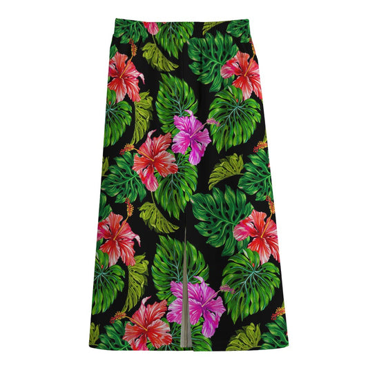 Monstera Hibiscus Hawaii Pattern Print Cotton Front Slit Maxi Skirt