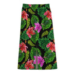 Monstera Hibiscus Hawaii Pattern Print Cotton Front Slit Maxi Skirt