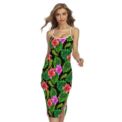 Monstera Hibiscus Hawaii Pattern Print Cross Back Cami Dress
