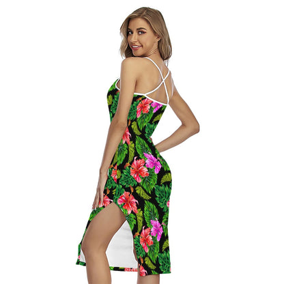 Monstera Hibiscus Hawaii Pattern Print Cross Back Cami Dress