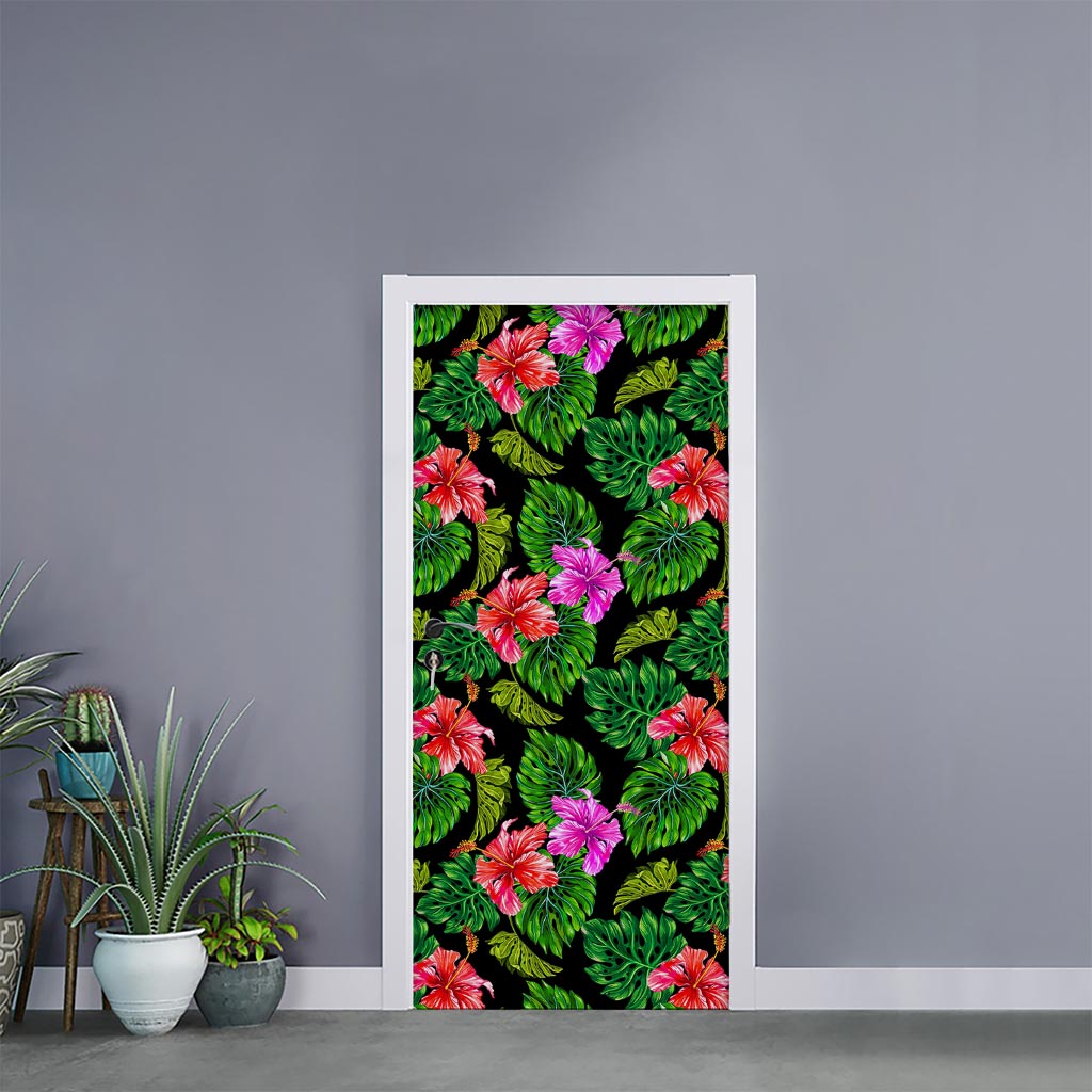 Monstera Hibiscus Hawaii Pattern Print Door Sticker