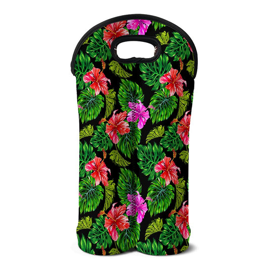Monstera Hibiscus Hawaii Pattern Print Double Neoprene Wine Tote