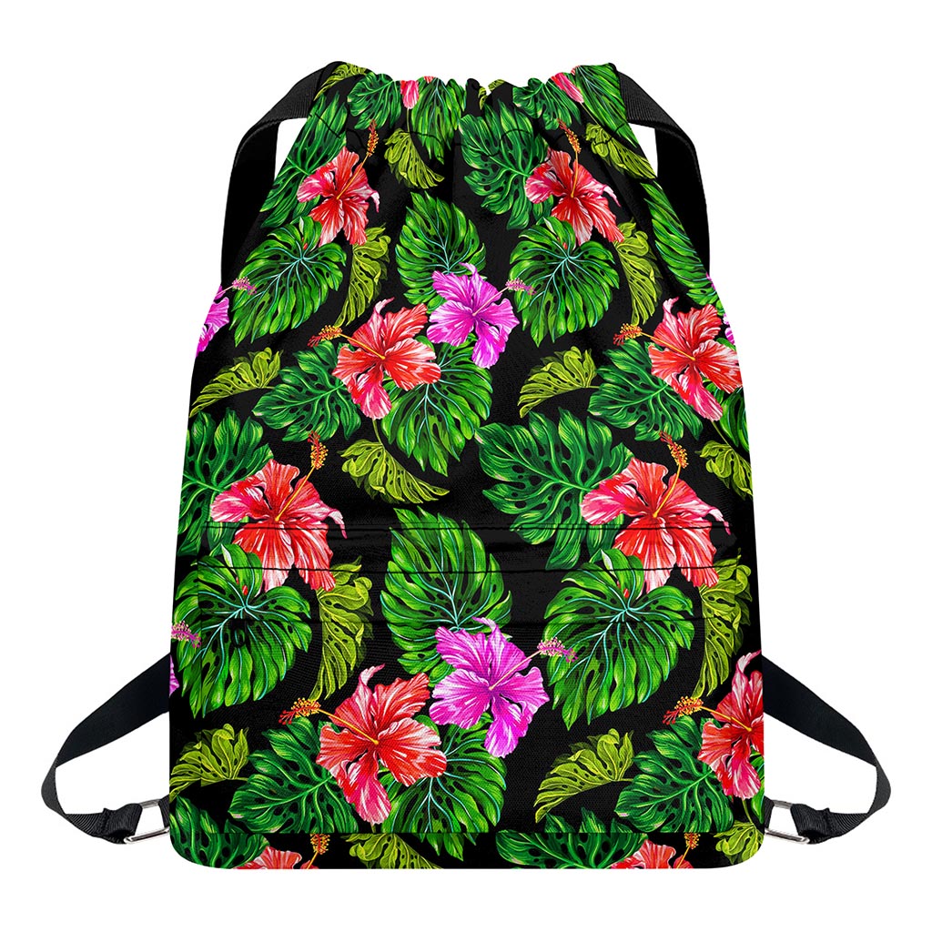 Monstera Hibiscus Hawaii Pattern Print Drawstring Backpack