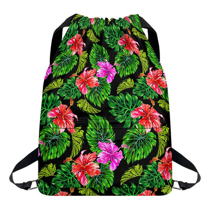 Monstera Hibiscus Hawaii Pattern Print Drawstring Backpack