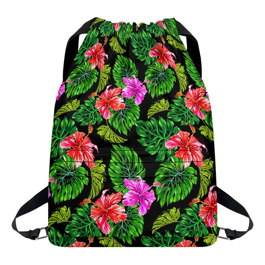 Monstera Hibiscus Hawaii Pattern Print Drawstring Backpack