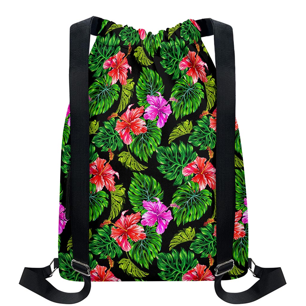 Monstera Hibiscus Hawaii Pattern Print Drawstring Backpack