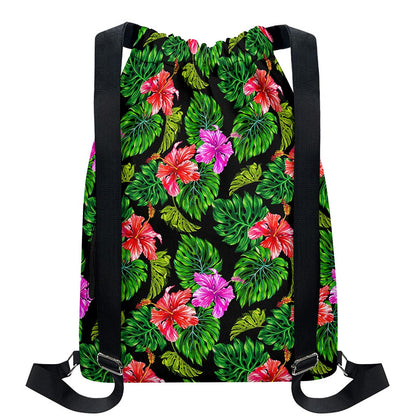 Monstera Hibiscus Hawaii Pattern Print Drawstring Backpack