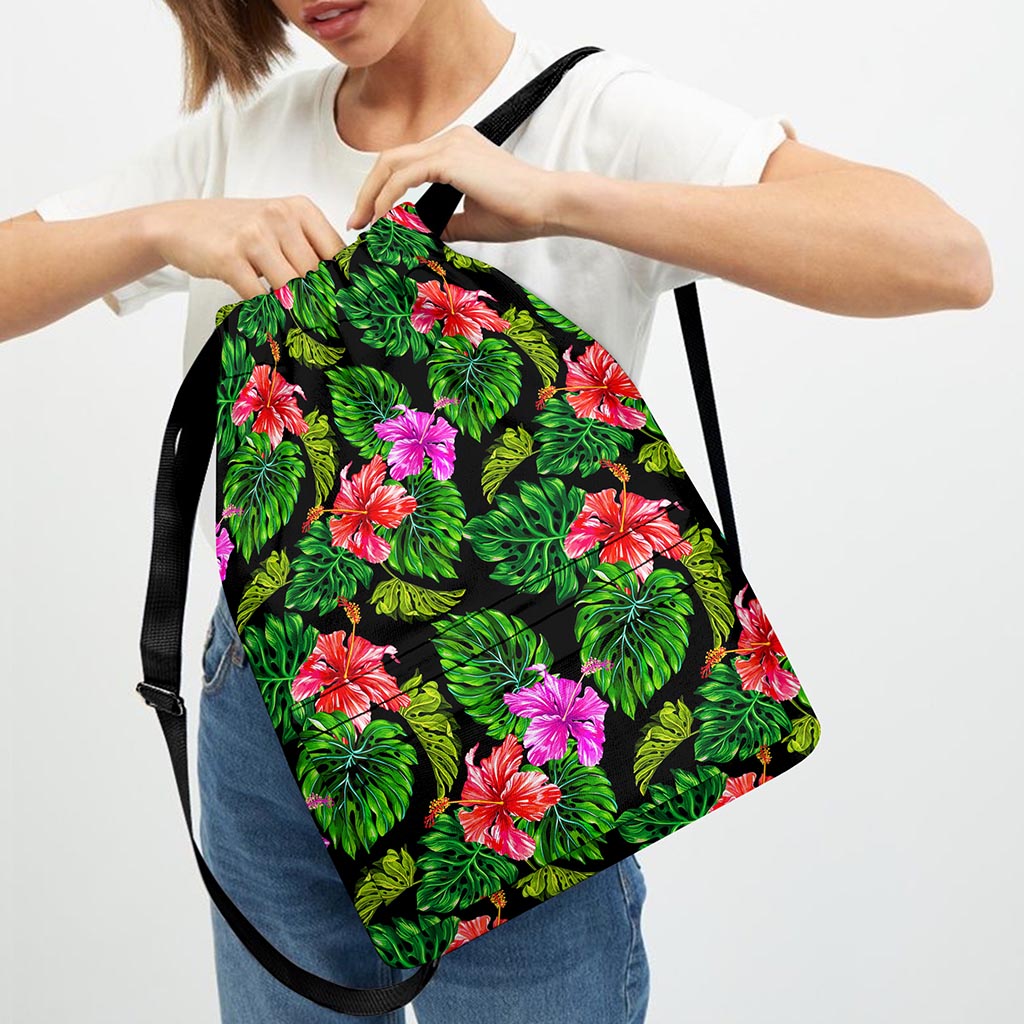 Monstera Hibiscus Hawaii Pattern Print Drawstring Backpack