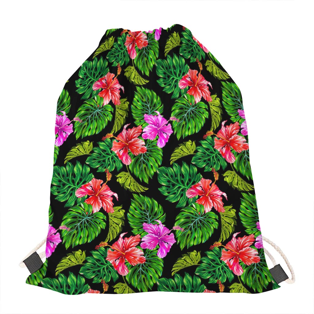 Monstera Hibiscus Hawaii Pattern Print Drawstring Bag