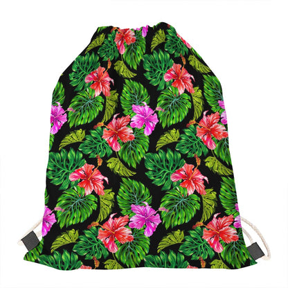 Monstera Hibiscus Hawaii Pattern Print Drawstring Bag
