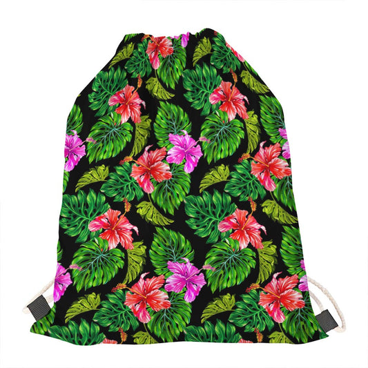 Monstera Hibiscus Hawaii Pattern Print Drawstring Bag