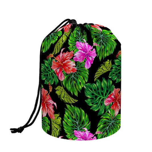 Monstera Hibiscus Hawaii Pattern Print Drawstring Makeup Bag
