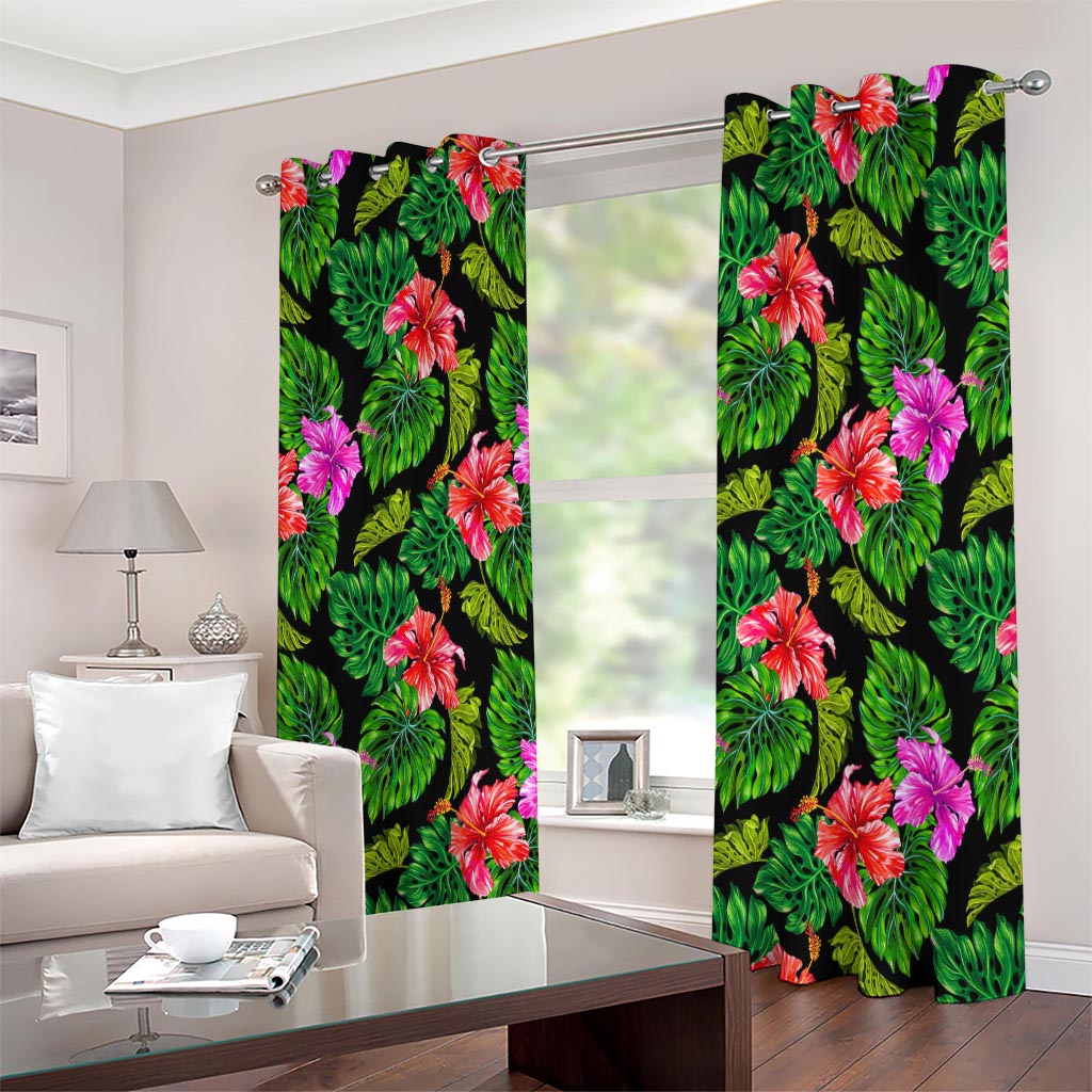 Monstera Hibiscus Hawaii Pattern Print Extra Wide Grommet Curtains