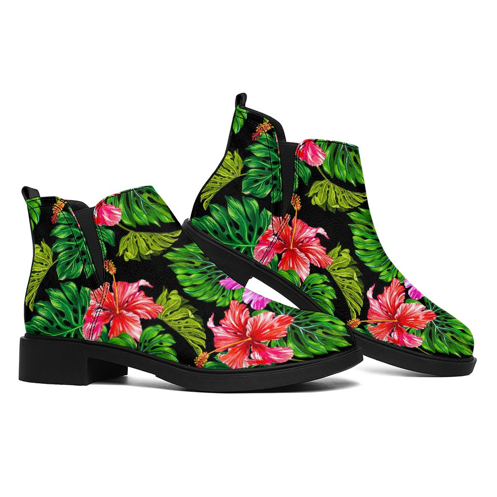 Monstera Hibiscus Hawaii Pattern Print Flat Ankle Boots