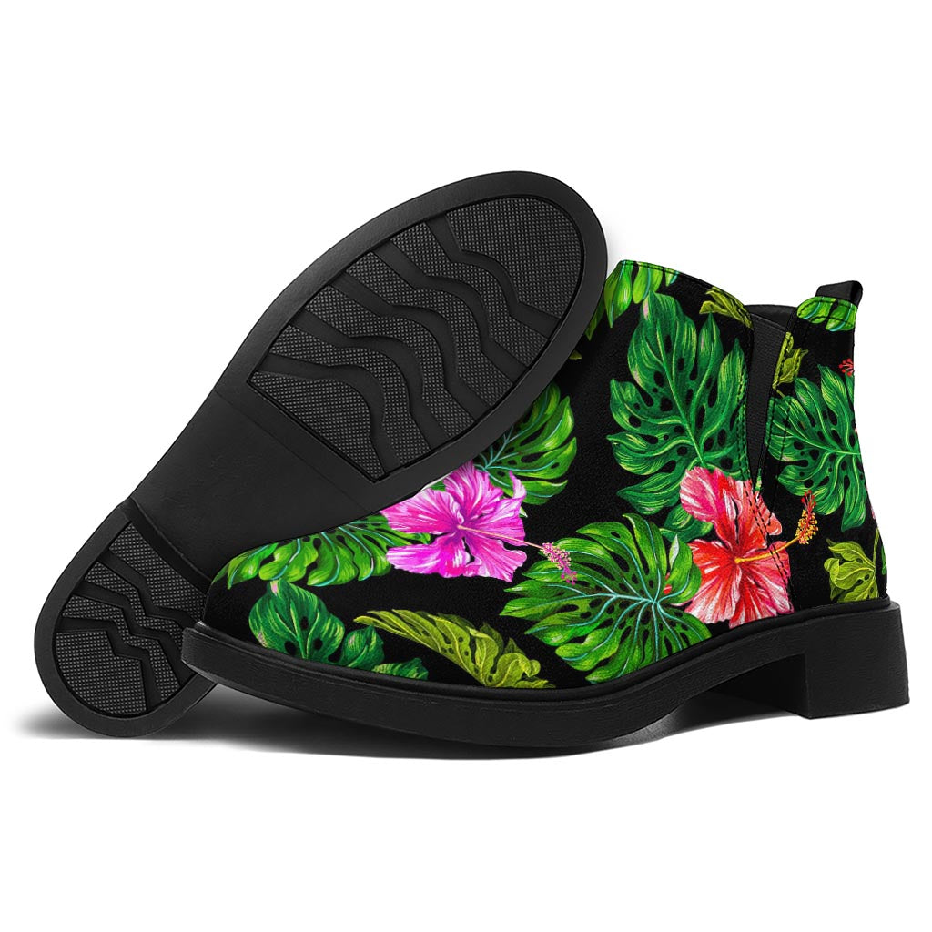 Monstera Hibiscus Hawaii Pattern Print Flat Ankle Boots