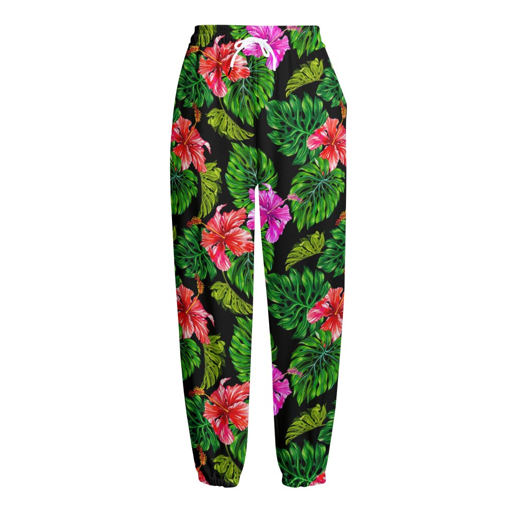 Monstera Hibiscus Hawaii Pattern Print Fleece Lined Knit Pants
