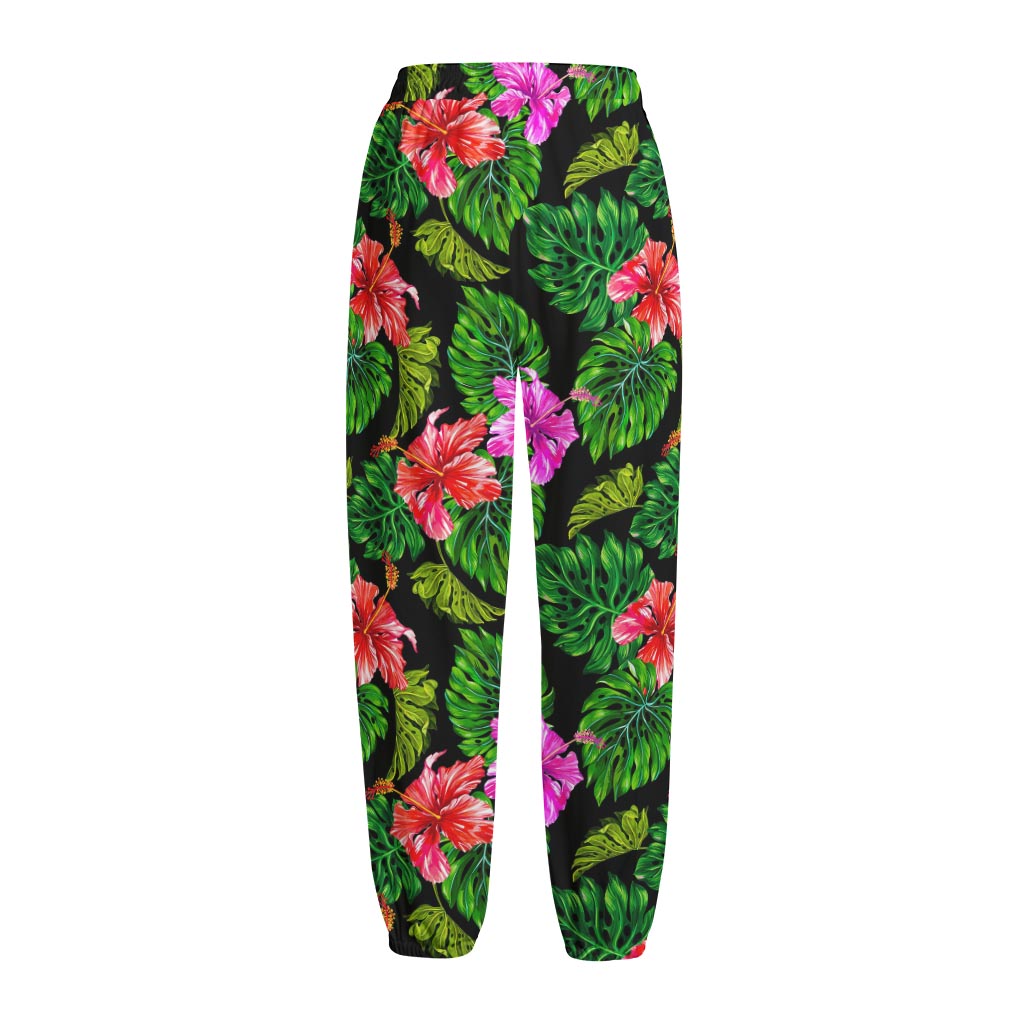 Monstera Hibiscus Hawaii Pattern Print Fleece Lined Knit Pants