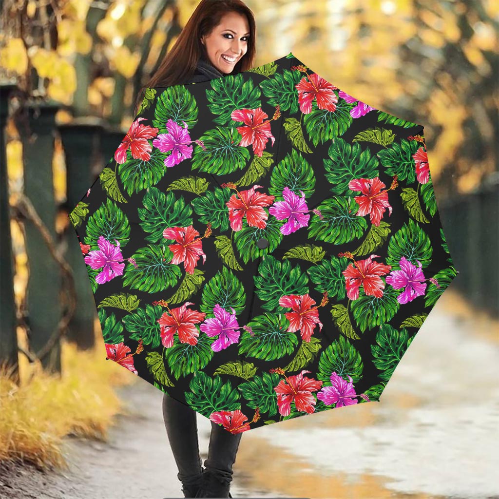 Monstera Hibiscus Hawaii Pattern Print Foldable Umbrella