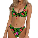 Monstera Hibiscus Hawaii Pattern Print Front Bow Tie Bikini
