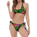 Monstera Hibiscus Hawaii Pattern Print Halter Scoop Tie Side Bikini