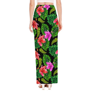 Monstera Hibiscus Hawaii Pattern Print High Slit Maxi Skirt