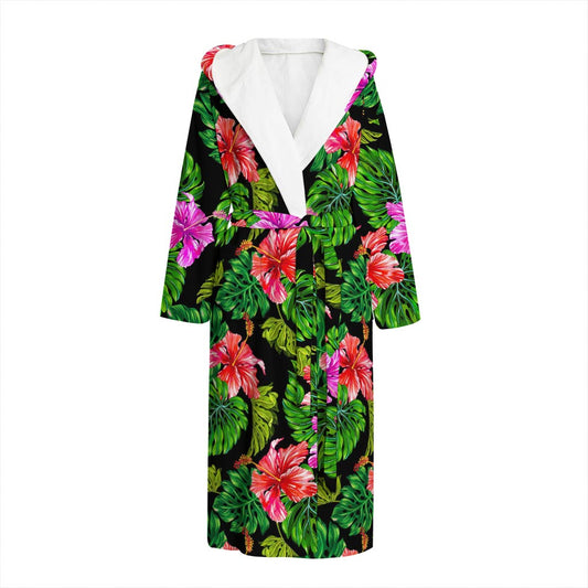 Monstera Hibiscus Hawaii Pattern Print Hooded Bathrobe