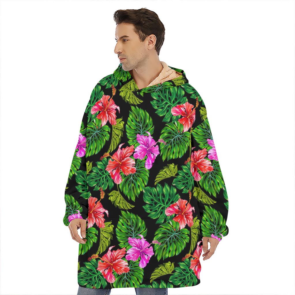 Monstera Hibiscus Hawaii Pattern Print Hoodie Blanket