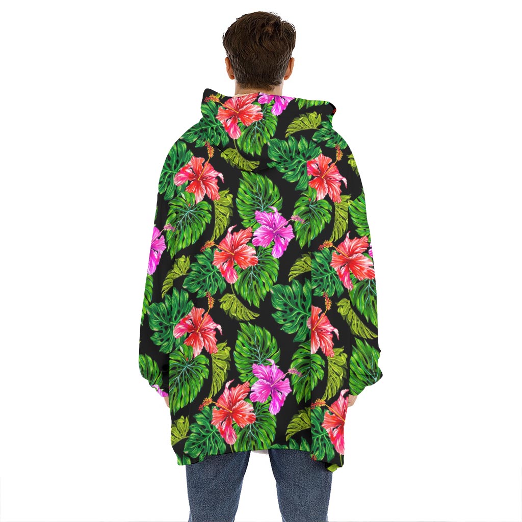 Monstera Hibiscus Hawaii Pattern Print Hoodie Blanket