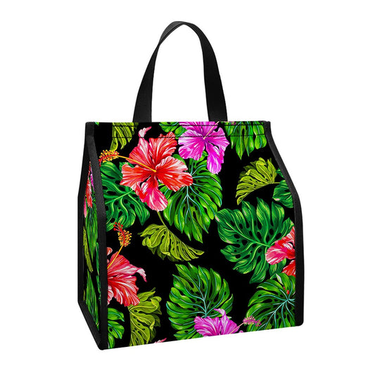 Monstera Hibiscus Hawaii Pattern Print Insulated Lunch Tote