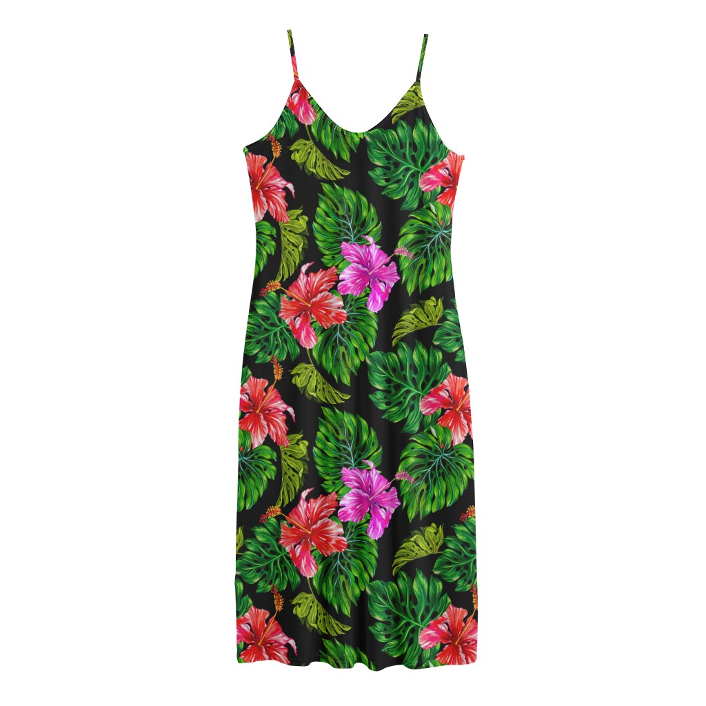 Monstera Hibiscus Hawaii Pattern Print Jersey Midi Cami Dress