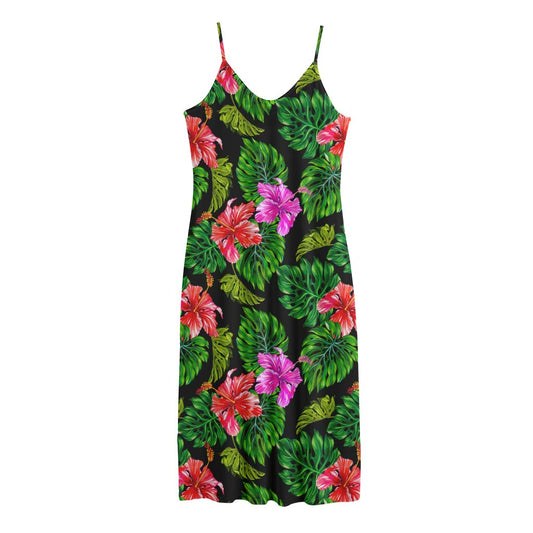 Monstera Hibiscus Hawaii Pattern Print Jersey Midi Cami Dress