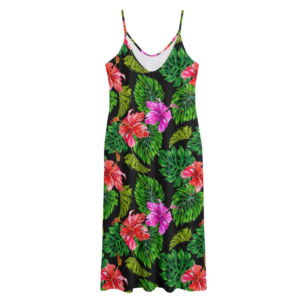 Monstera Hibiscus Hawaii Pattern Print Jersey Midi Cami Dress