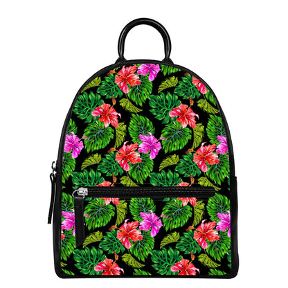 Monstera Hibiscus Hawaii Pattern Print Leather Backpack