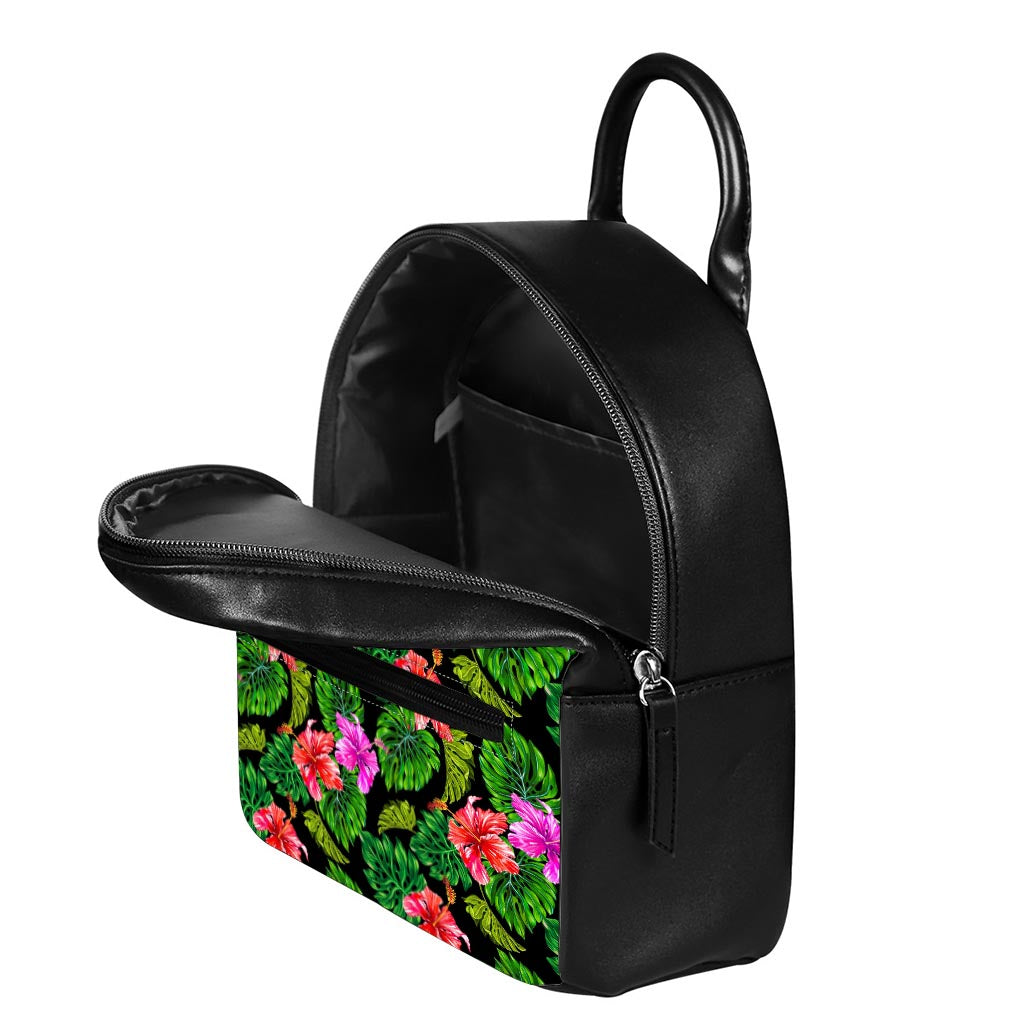 Monstera Hibiscus Hawaii Pattern Print Leather Backpack