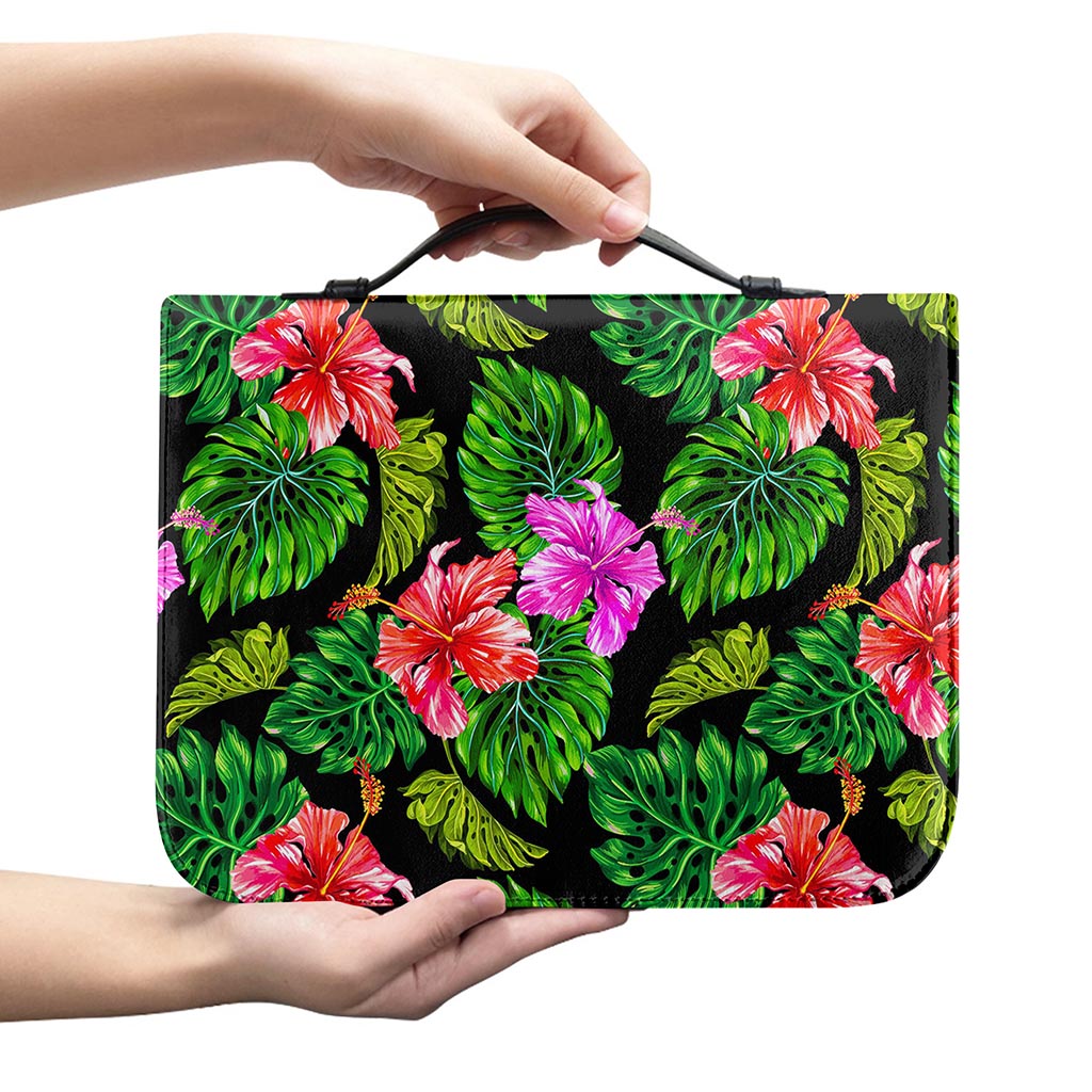 Monstera Hibiscus Hawaii Pattern Print Leather Bible Cover