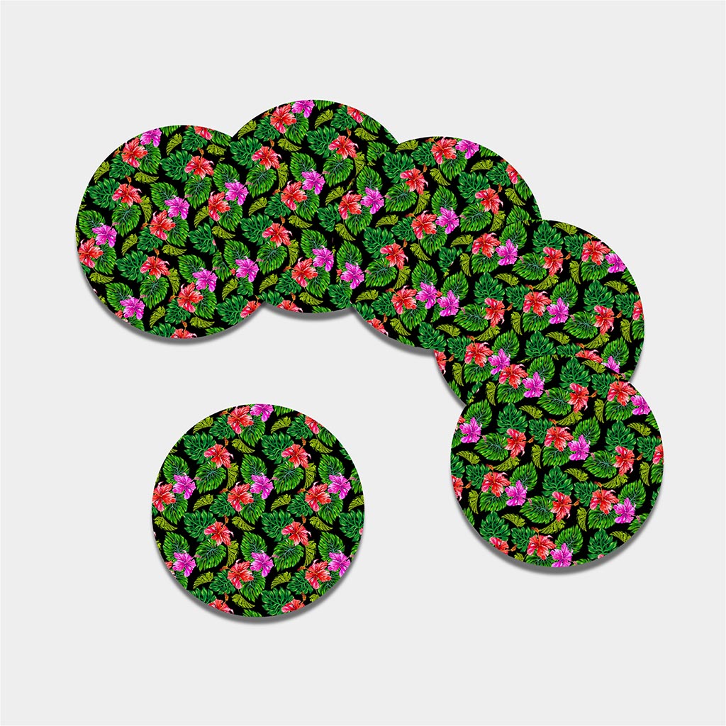 Monstera Hibiscus Hawaii Pattern Print Leather Coaster Set
