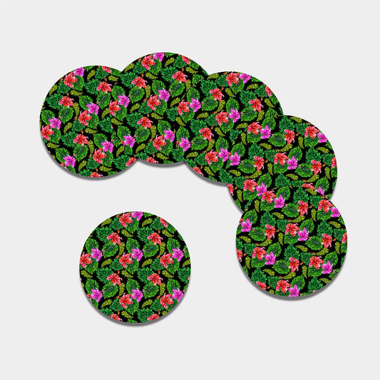 Monstera Hibiscus Hawaii Pattern Print Leather Coaster Set