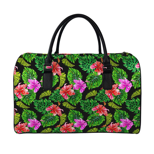 Monstera Hibiscus Hawaii Pattern Print Leather Duffle Bag