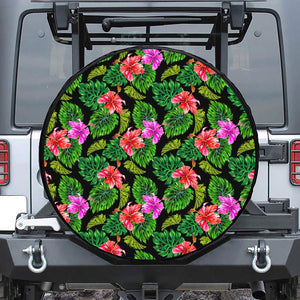 Monstera Hibiscus Hawaii Pattern Print Leather Spare Tire Cover