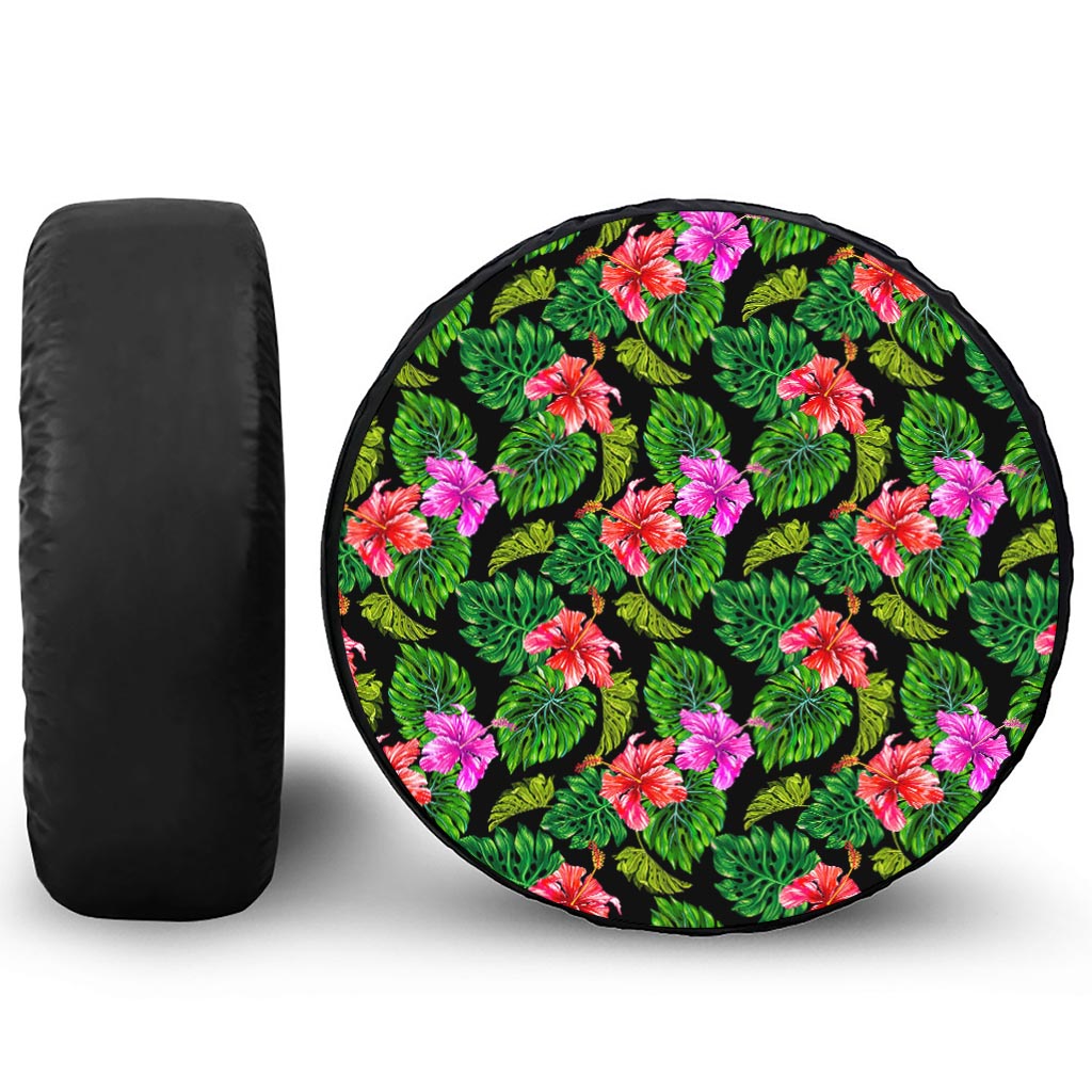 Monstera Hibiscus Hawaii Pattern Print Leather Spare Tire Cover