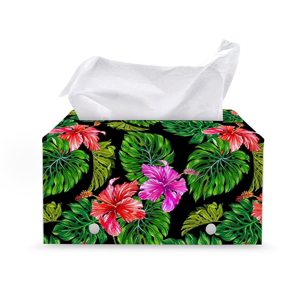 Monstera Hibiscus Hawaii Pattern Print Leather Tissue Box Cover