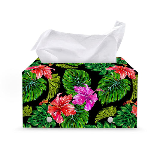 Monstera Hibiscus Hawaii Pattern Print Leather Tissue Box Cover