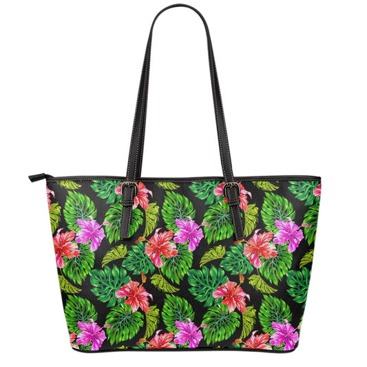 Monstera Hibiscus Hawaii Pattern Print Leather Tote Bag