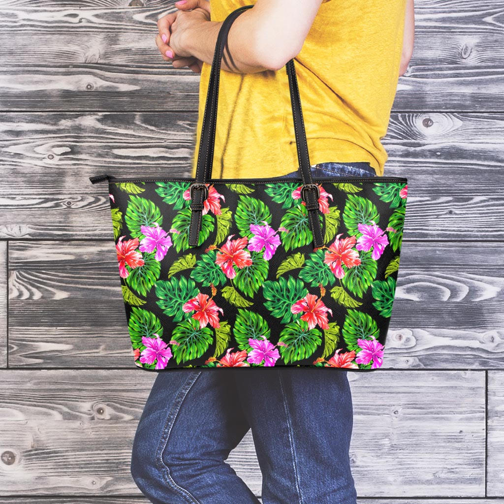Monstera Hibiscus Hawaii Pattern Print Leather Tote Bag