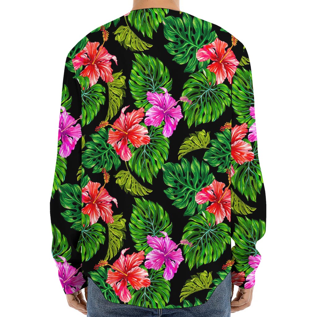 Monstera Hibiscus Hawaii Pattern Print Long Sleeve Baseball Jersey